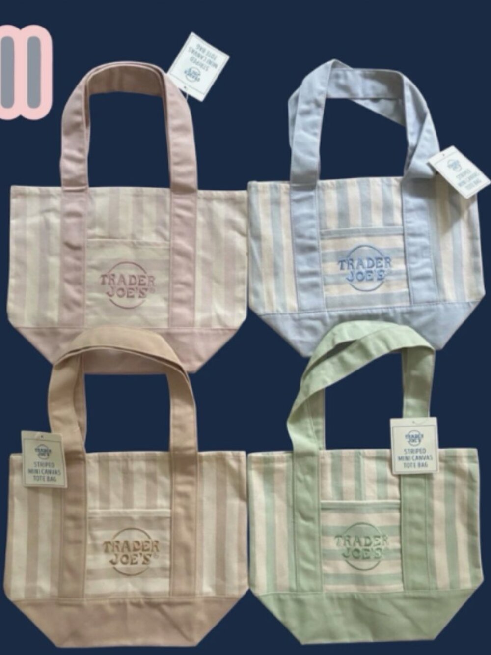 Trader Joe’s Mini Pastel Stripe Canvas Tote Bag Limited Edition Set Of 4